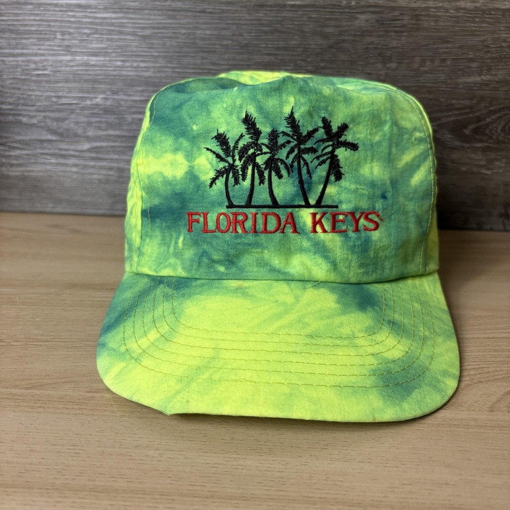 Vintage Florida Keys Hat Snap Back Green Tie Dye Embroidered Nylon Palm Trees